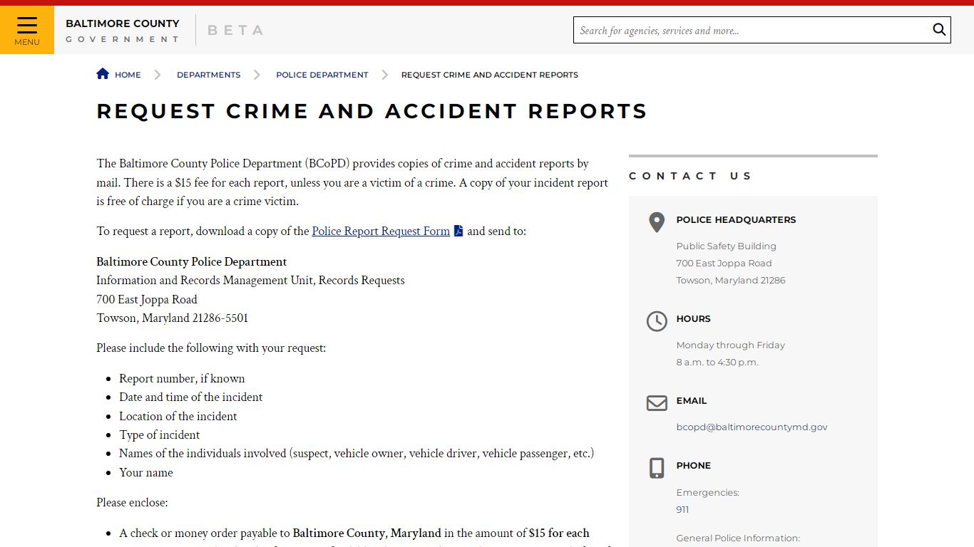 Request Crime and Accident Reports - Baltimore County